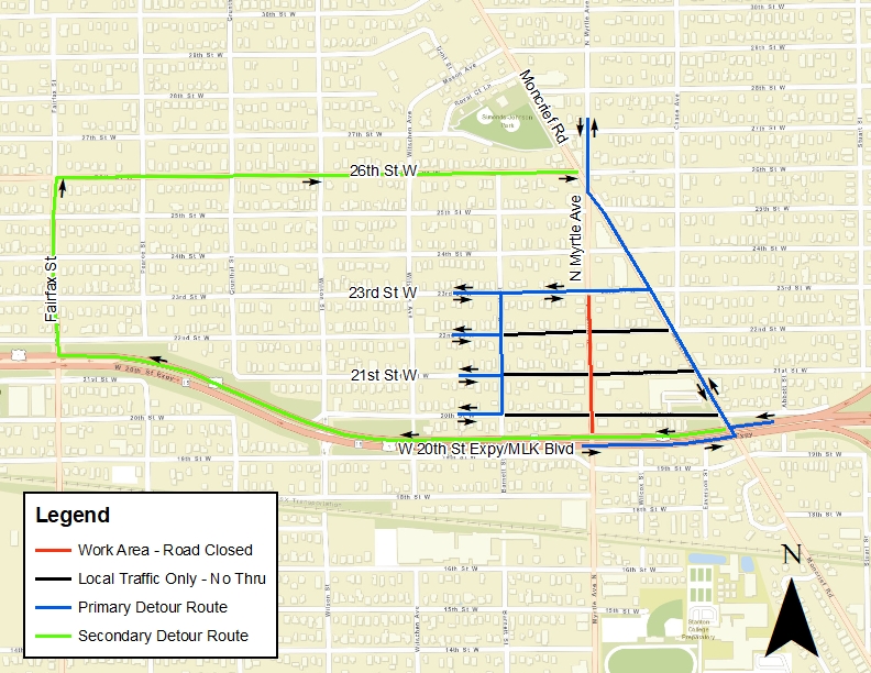 Martin Luther King Parkway Water Main Improvement Project - MLK Parkway to West 22nd Street Road Closure Map